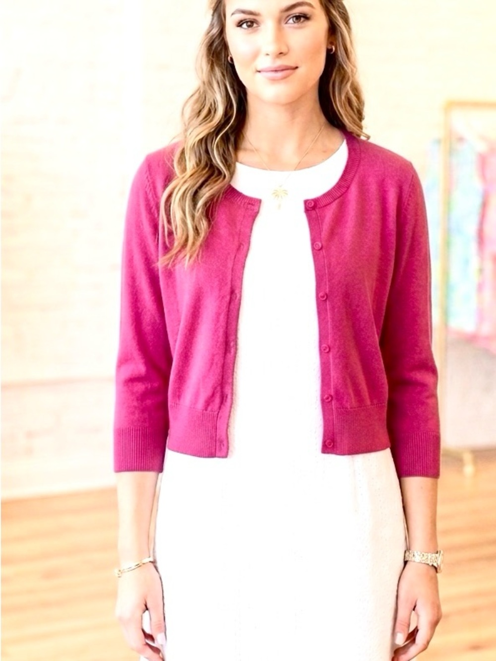 Lily Pulitzer Cropped Cardigan Large Bright Pink Preppy Country Club Old Money